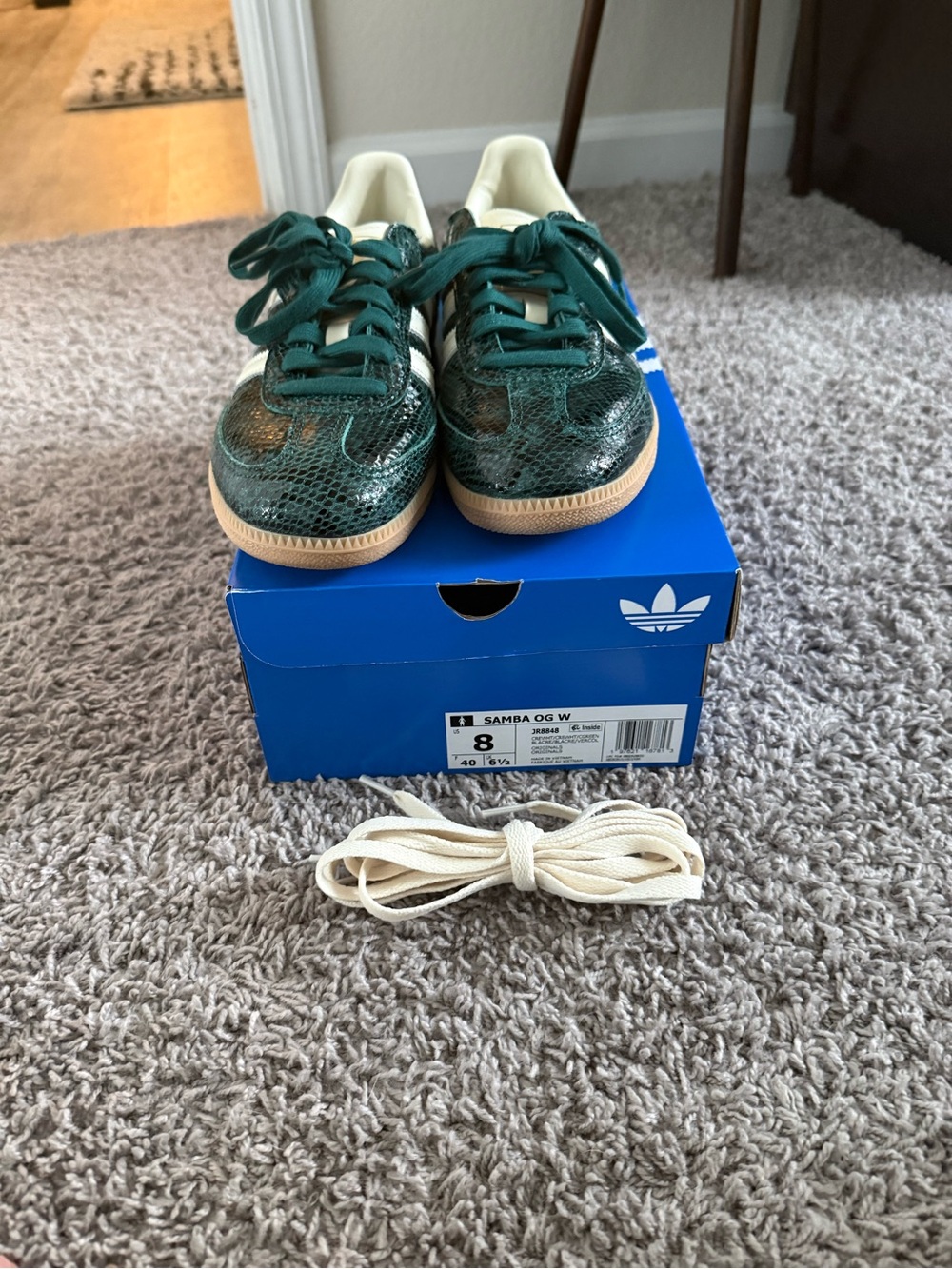Adidas women’s Samba Sneakers in Green Snakeskin with White Stripes and Gum Sole - Picture 3 of 9